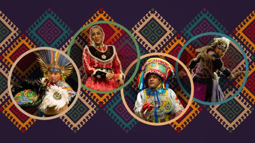 A colorful photo collage with female and male native americans 