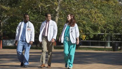 RBHS students walk on the Newark campus