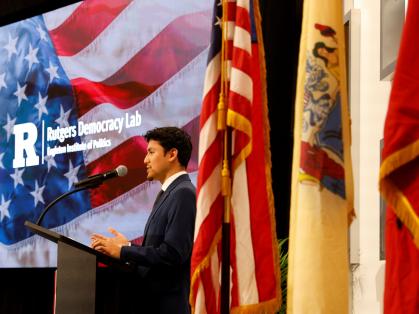 Rutgers University–New Brunswick junior Christopher Godoy, a student assistant at the Eagleton Institute of Politics, speaks at event to launch the Rutgers Democracy Lab.